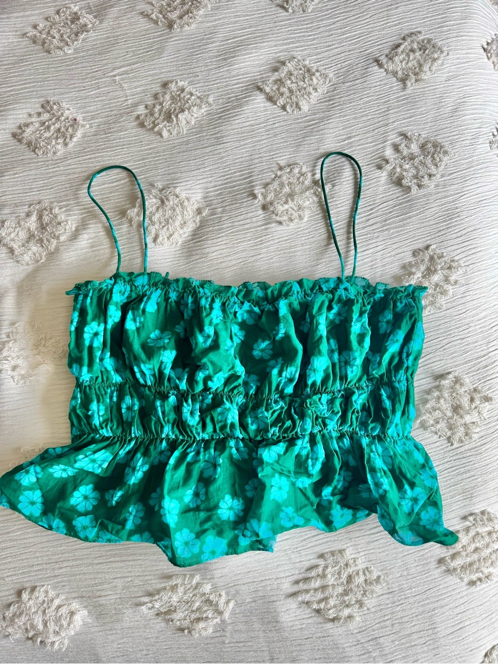 RHODE Emerald Green Aqua Blue Floral Smocked Camisole Julieta Tank Top